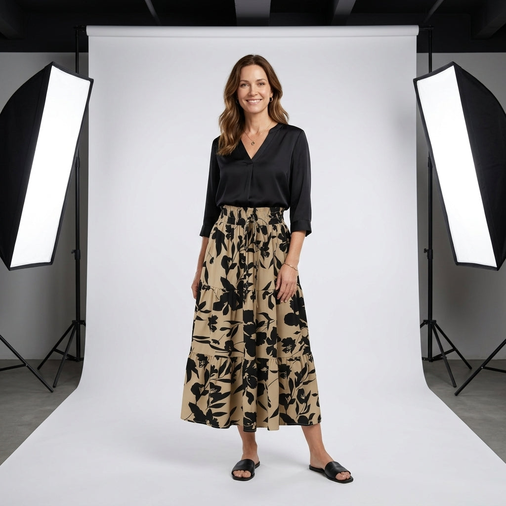 Falda plisada larga con estampado floral beige y negro, cintura elástica y vuelo