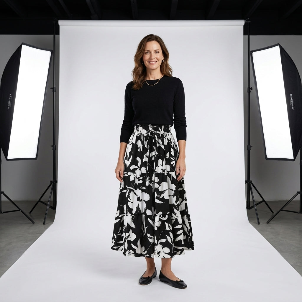 Falda plisada larga negra con estampado floral blanco, cintura elástica y caída amplia