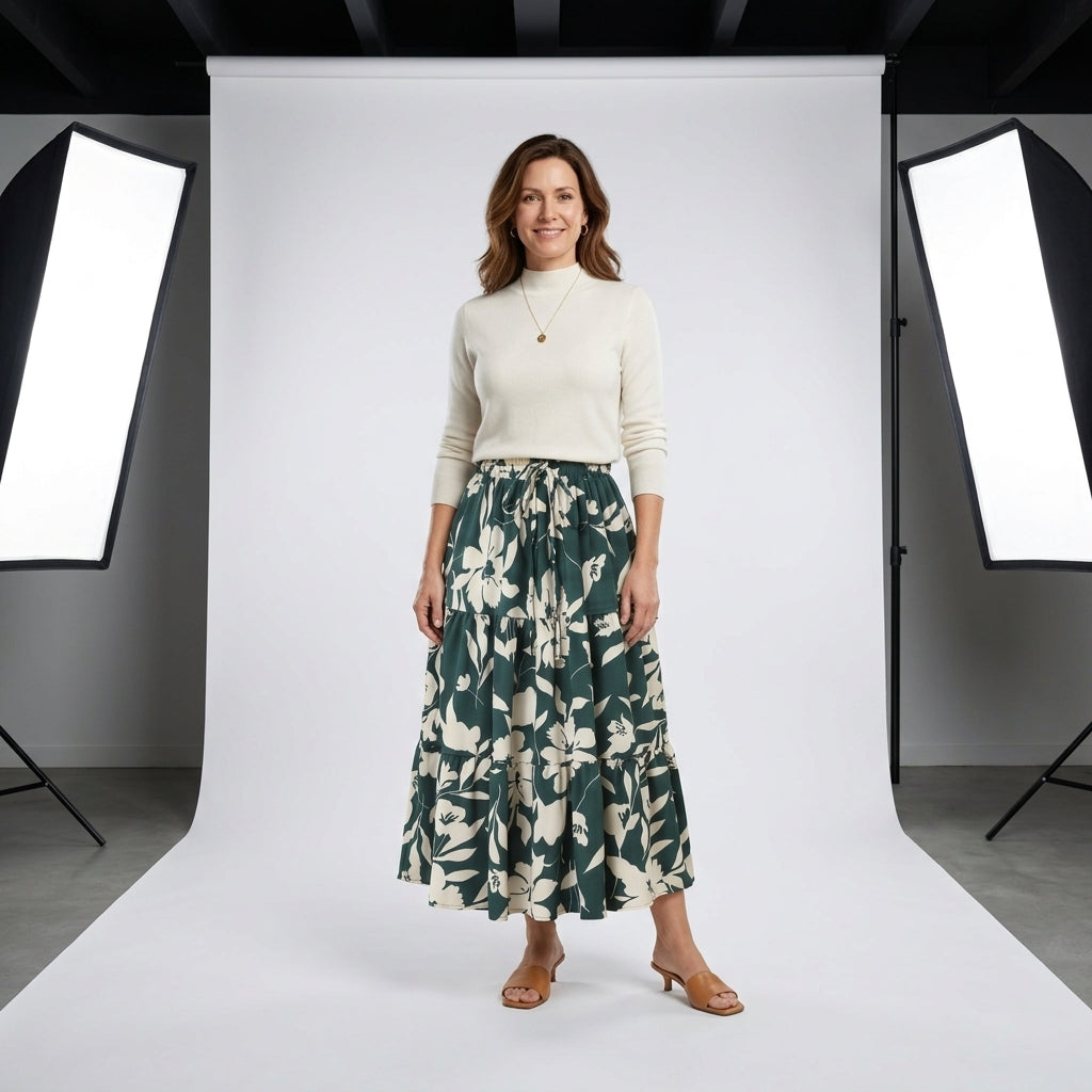 Falda plisada larga verde oscuro con hojas blancas, cintura elástica y caída amplia