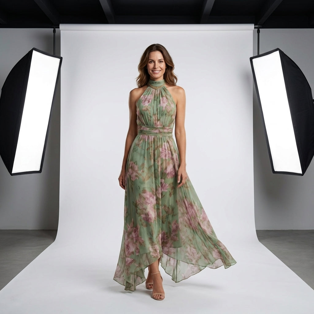 Vestido largo floral verde y rosa, cuello alto tipo halter y falda vaporosa con caída.
