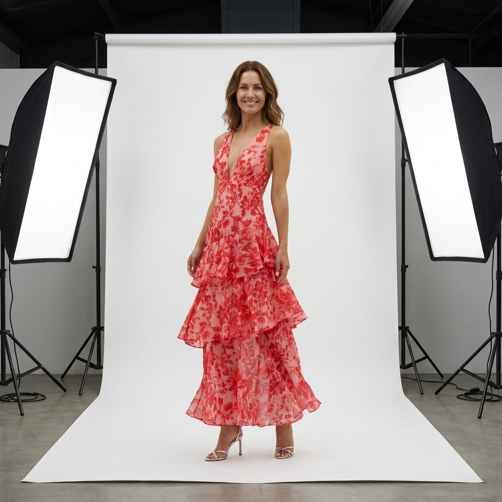 Vestido largo estampado rojo con escote en V y volantes escalonados
