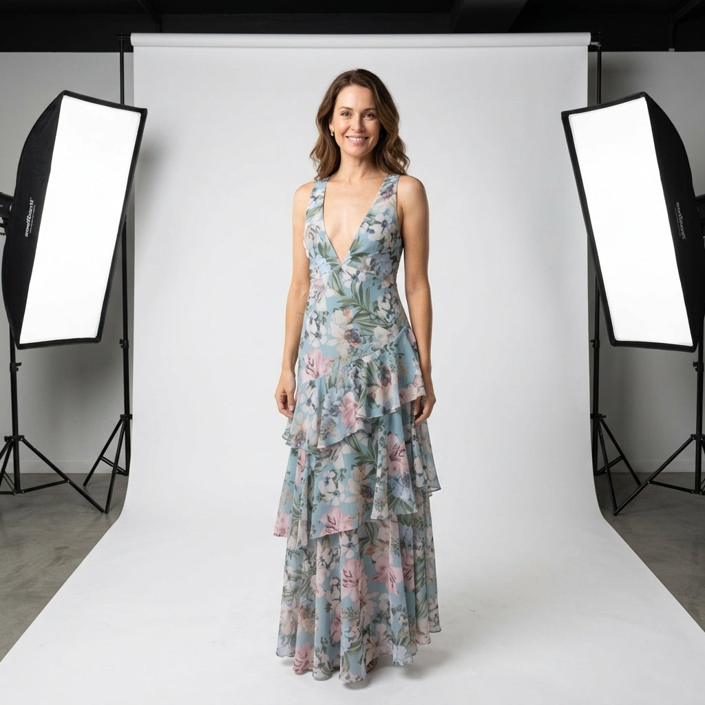 Vestido largo estampado verde menta con tirantes y volantes escalonados