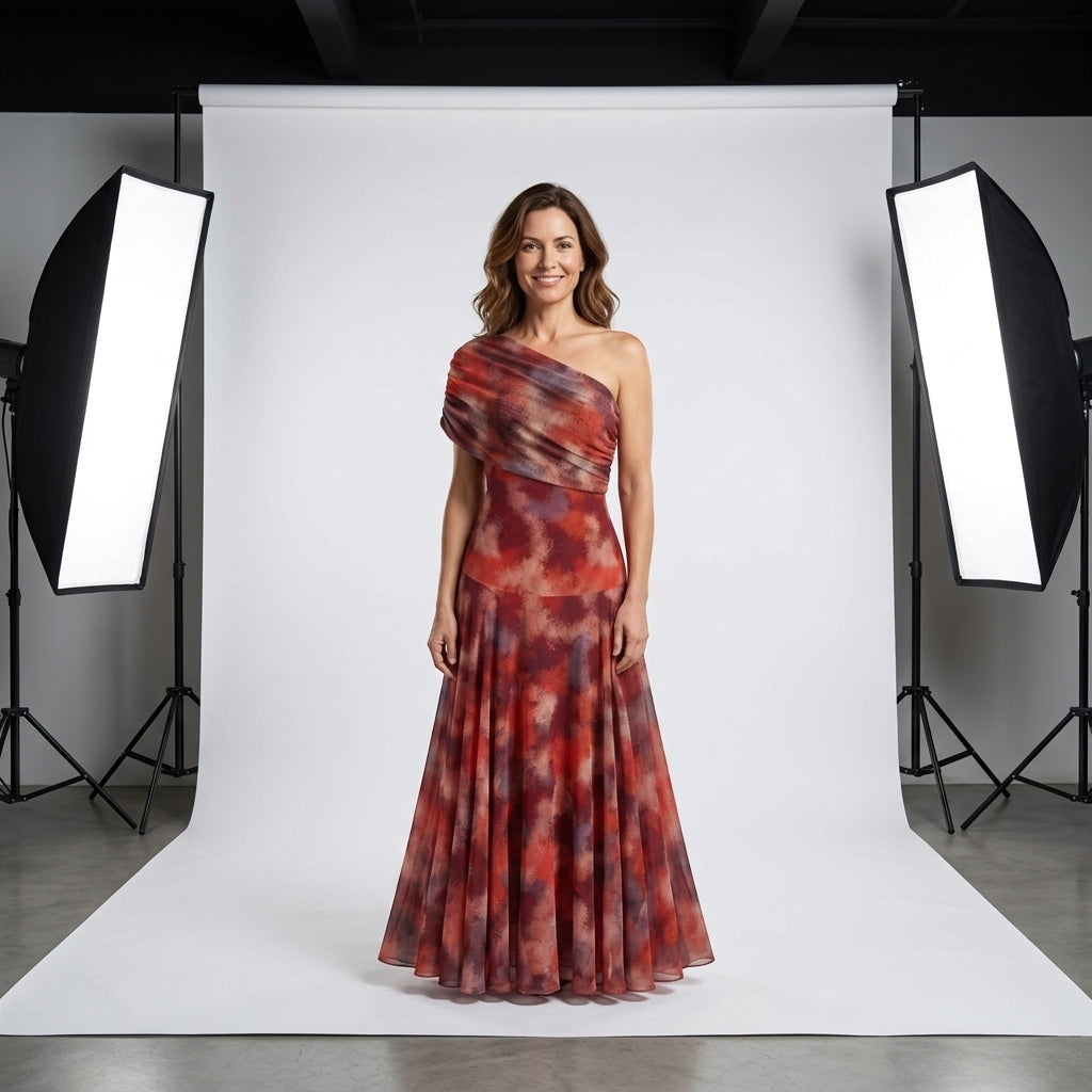 Vestido largo de un hombro con falda amplia plisada, estampado rojo y granate