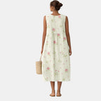 Vestido midi sin mangas, estampado floral; espalda recta con fruncido bajo el busto