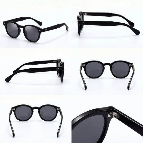 Gafas de sol con montura negra y lentes oscuras, vistas frontal y lateral