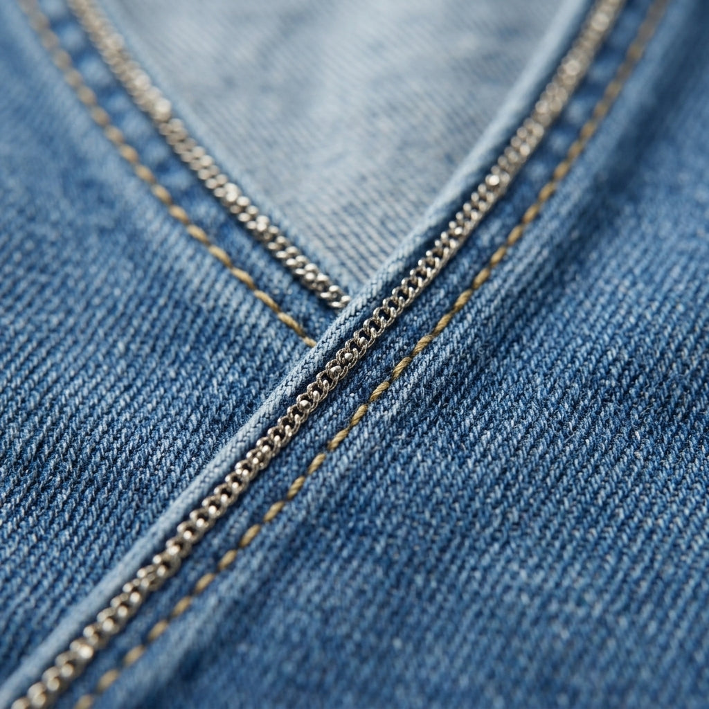 Detalle de costura en denim azul con cadena metálica decorativa