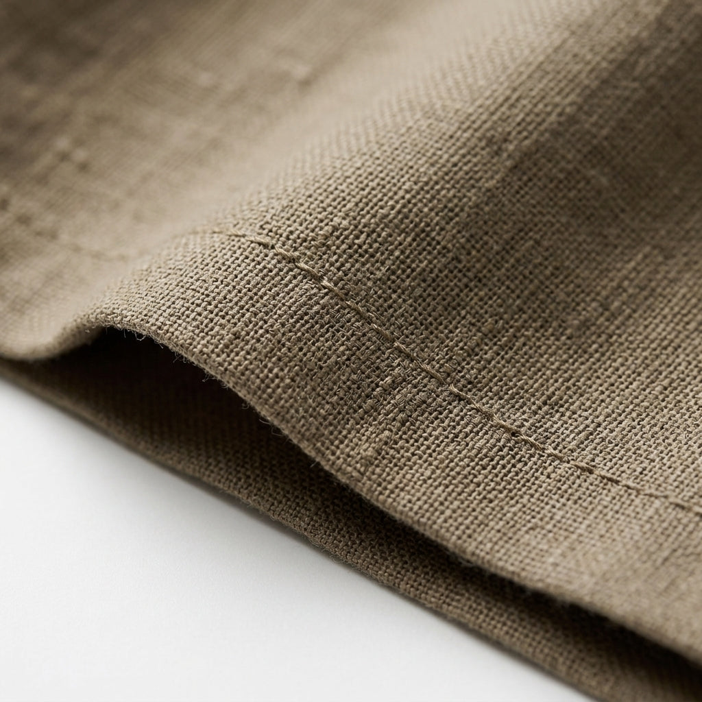 Tela de lino beige con costuras visibles y textura tejida