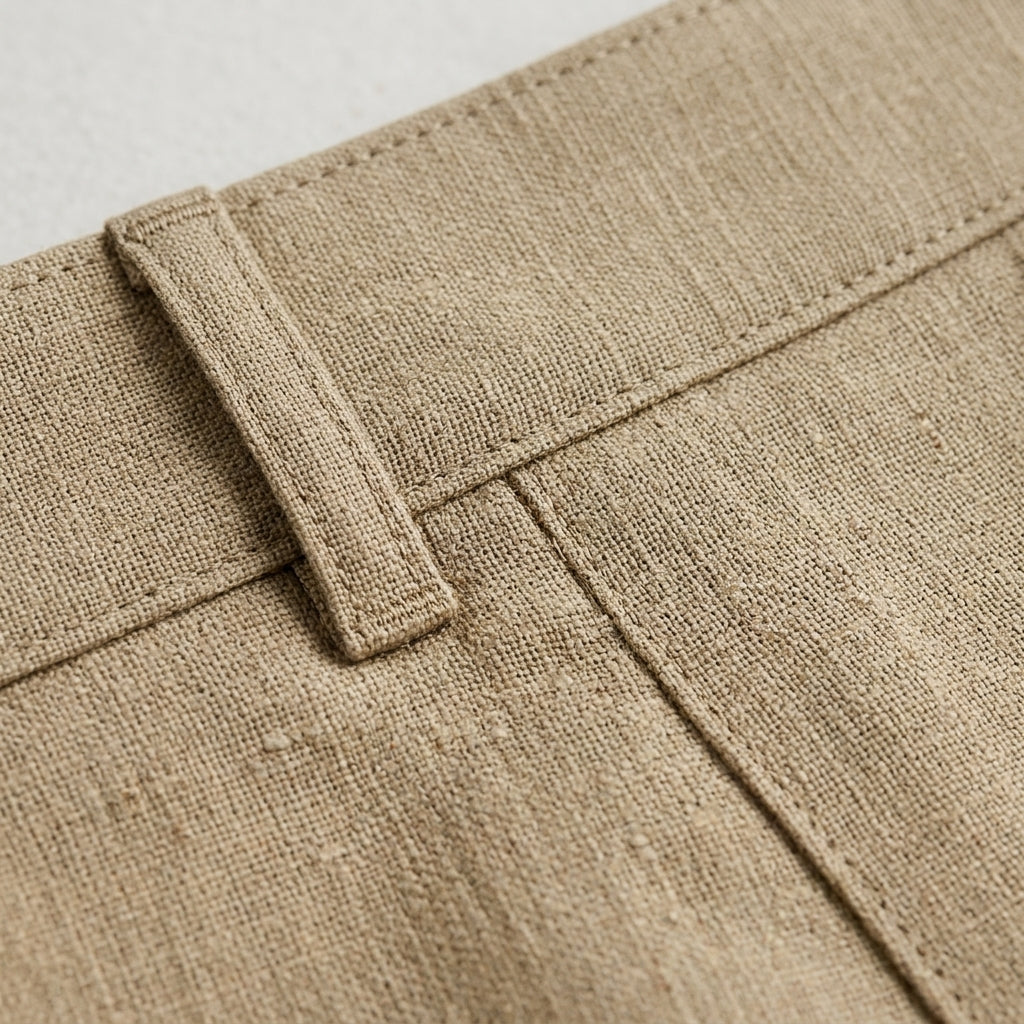 Falda beige de lino: costura y etiqueta interior en la cintura