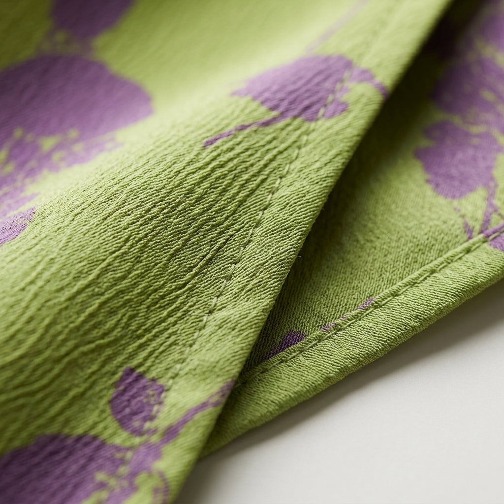 Tela de vestido verde lima con estampado morado, costuras visibles y acabado ligero.
