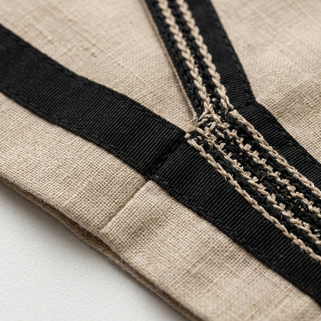 Caftán de tela beige con cintas negras y costuras decorativas trenzadas