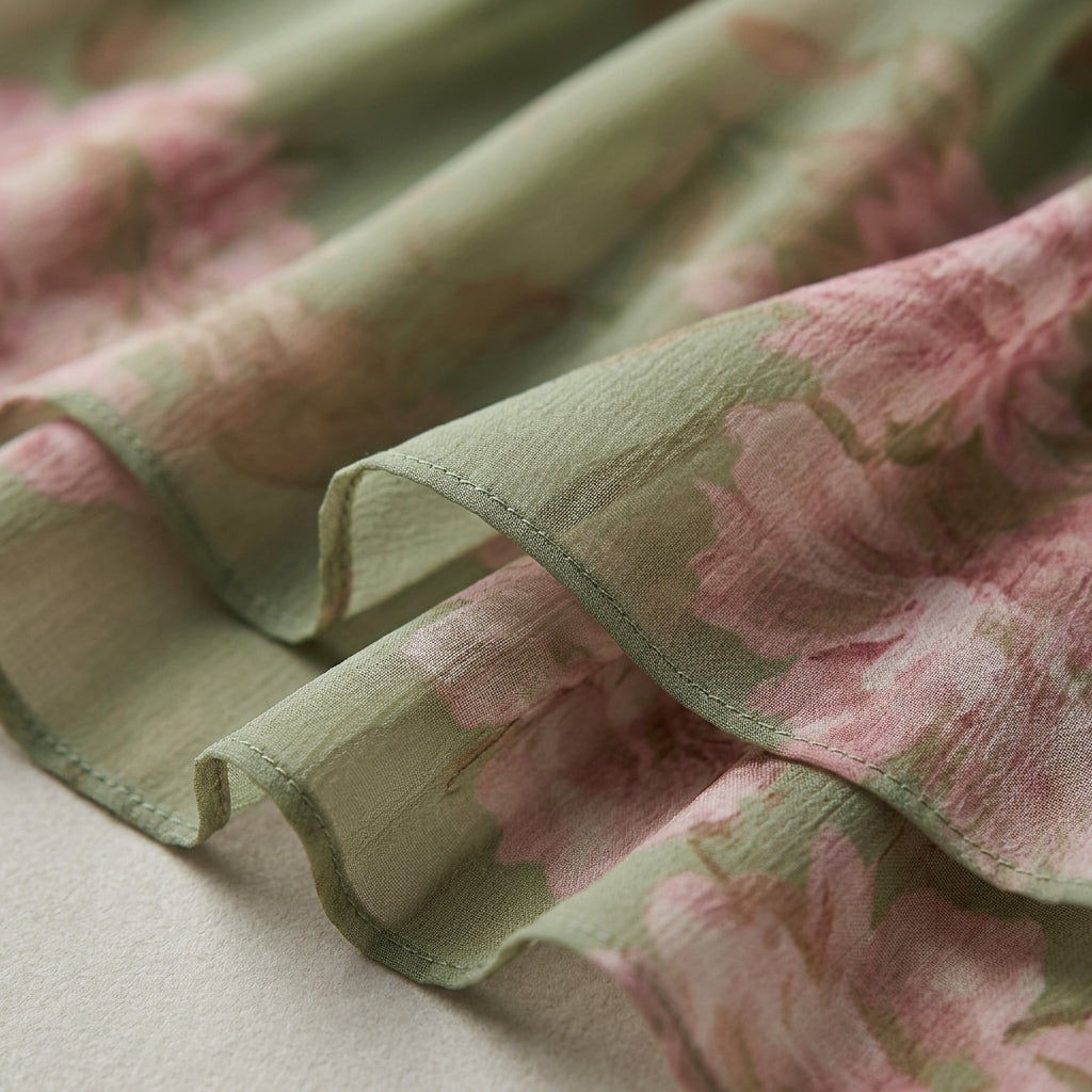 Tela de vestido con estampado floral en tonos verde y rosa, tejido ligero y plisado.