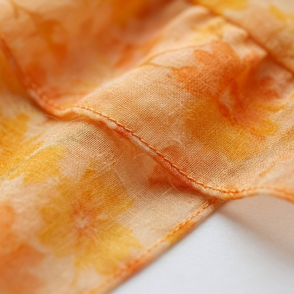 Tela del vestido estampado, con detalle de costura y textura naranja dorada