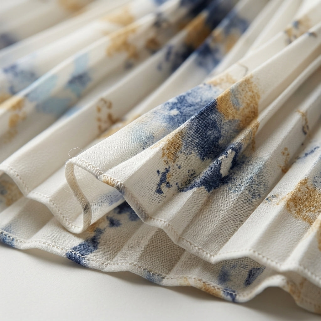 Vestido Soleil de gasa estampada, dobladillo con motivos florales azules sobre fondo claro