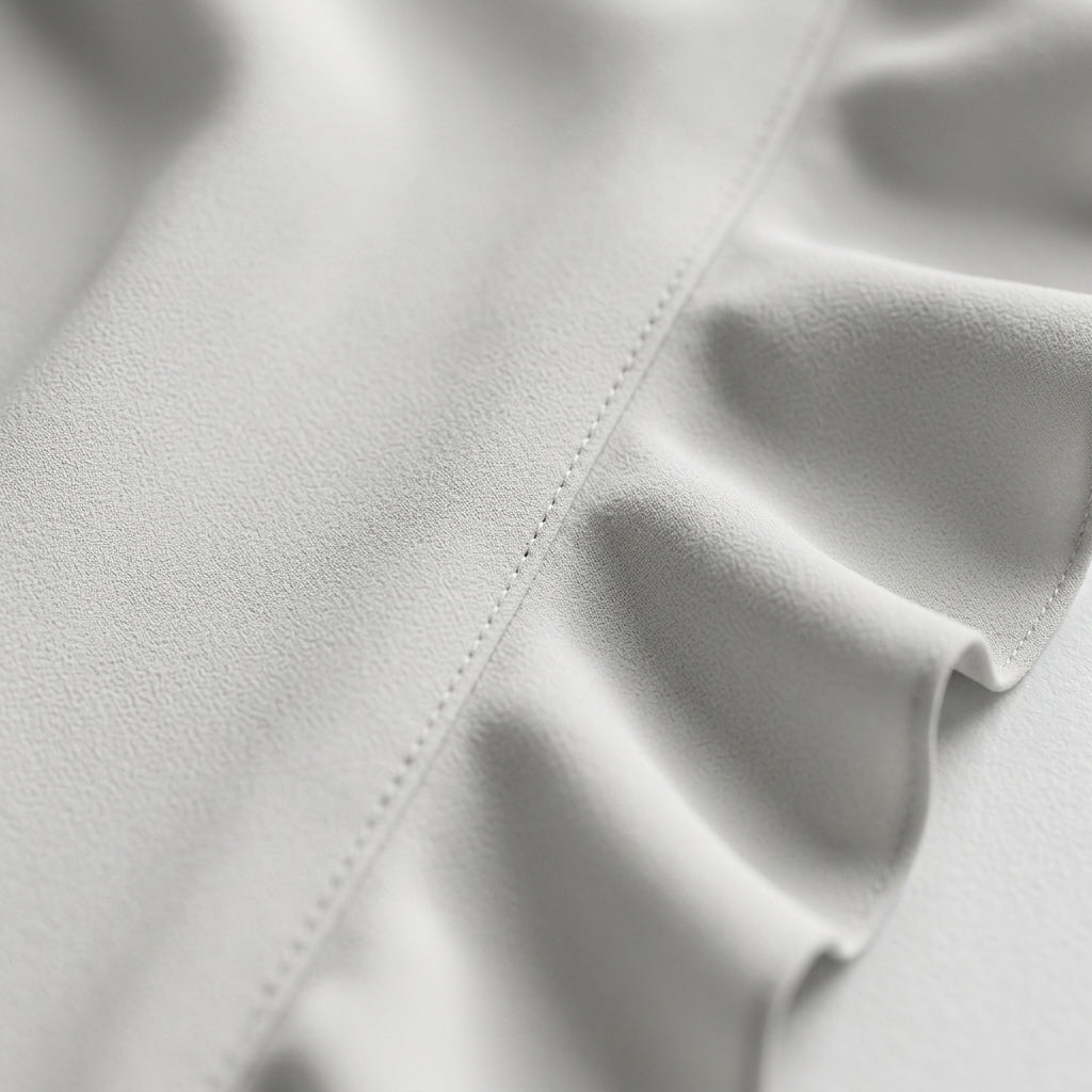 Tela blanca lisa con costura y dobladillo en forma de volante para vestido