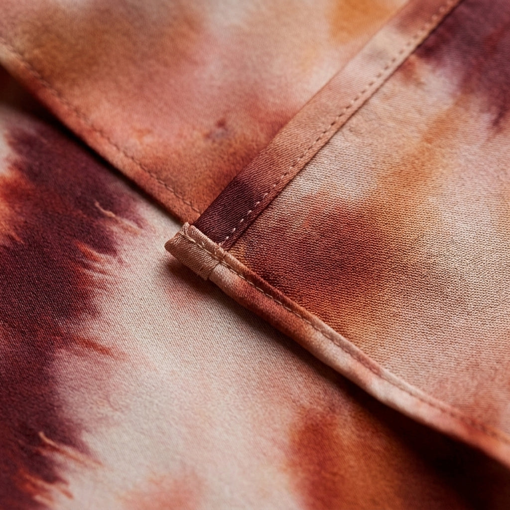 Vestido de satén tie-dye: tirante y costura frontal en detalle