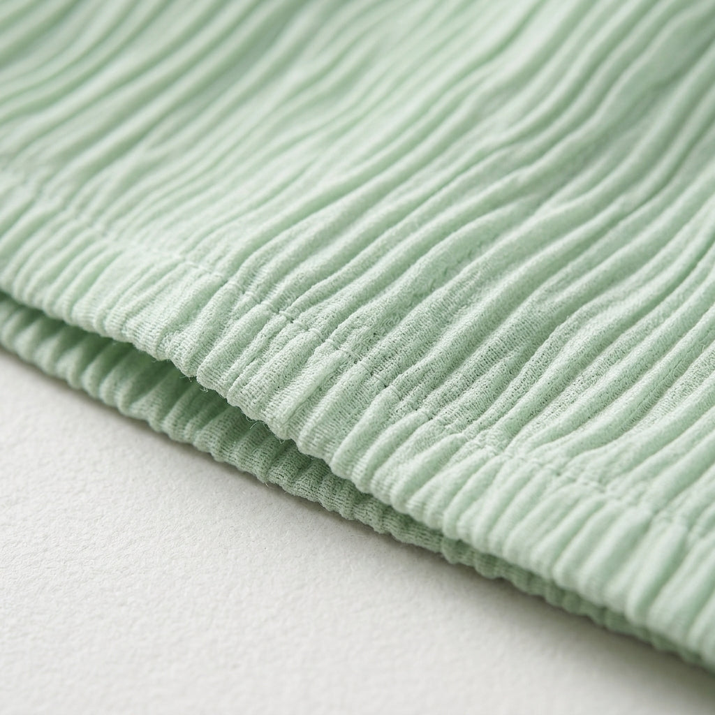 Vestido Celeste de tela verde en canalé, con costuras fruncidas y textura acanalada