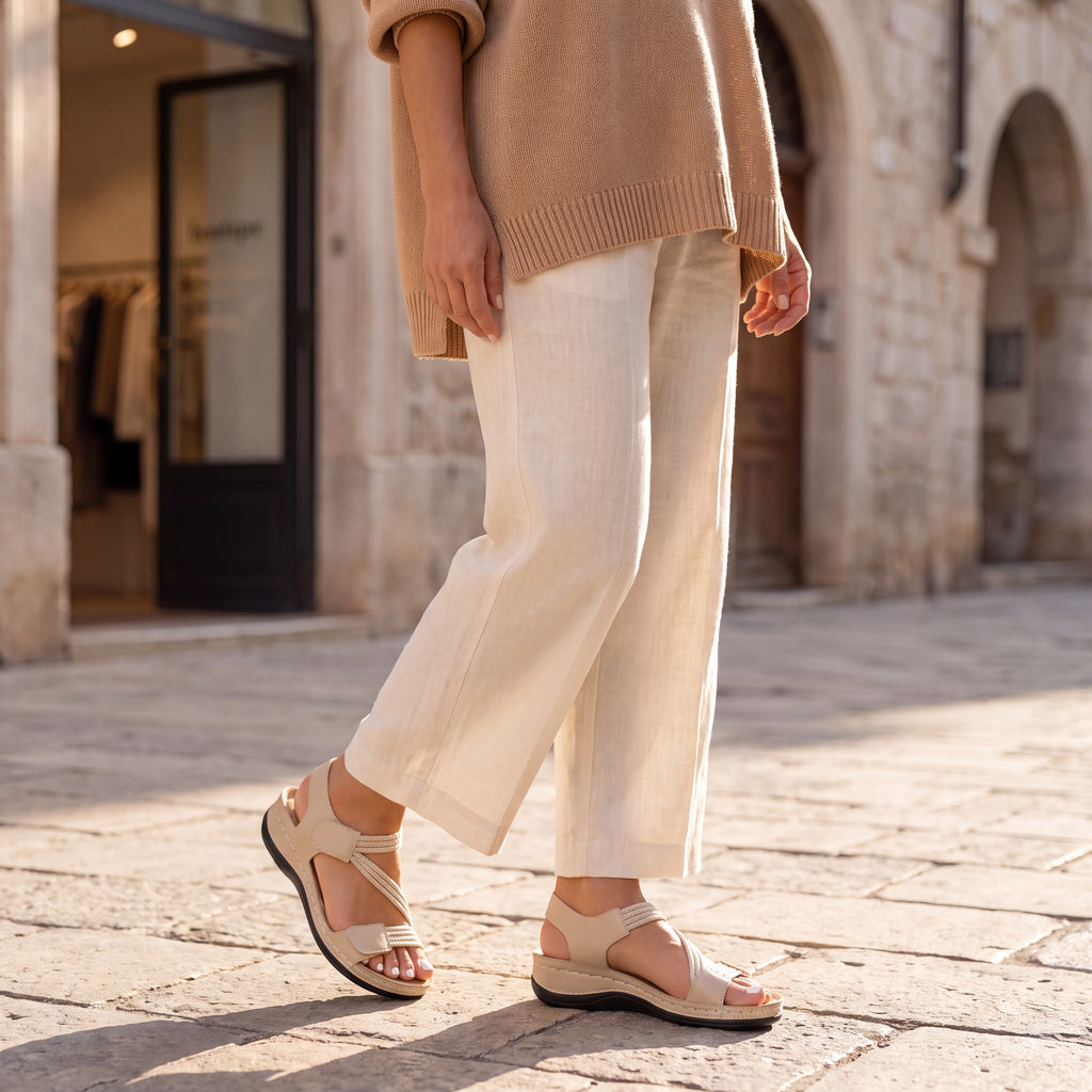Sandalias casuales beige y marrón con tira cruzada, punta abierta y suela de goma.