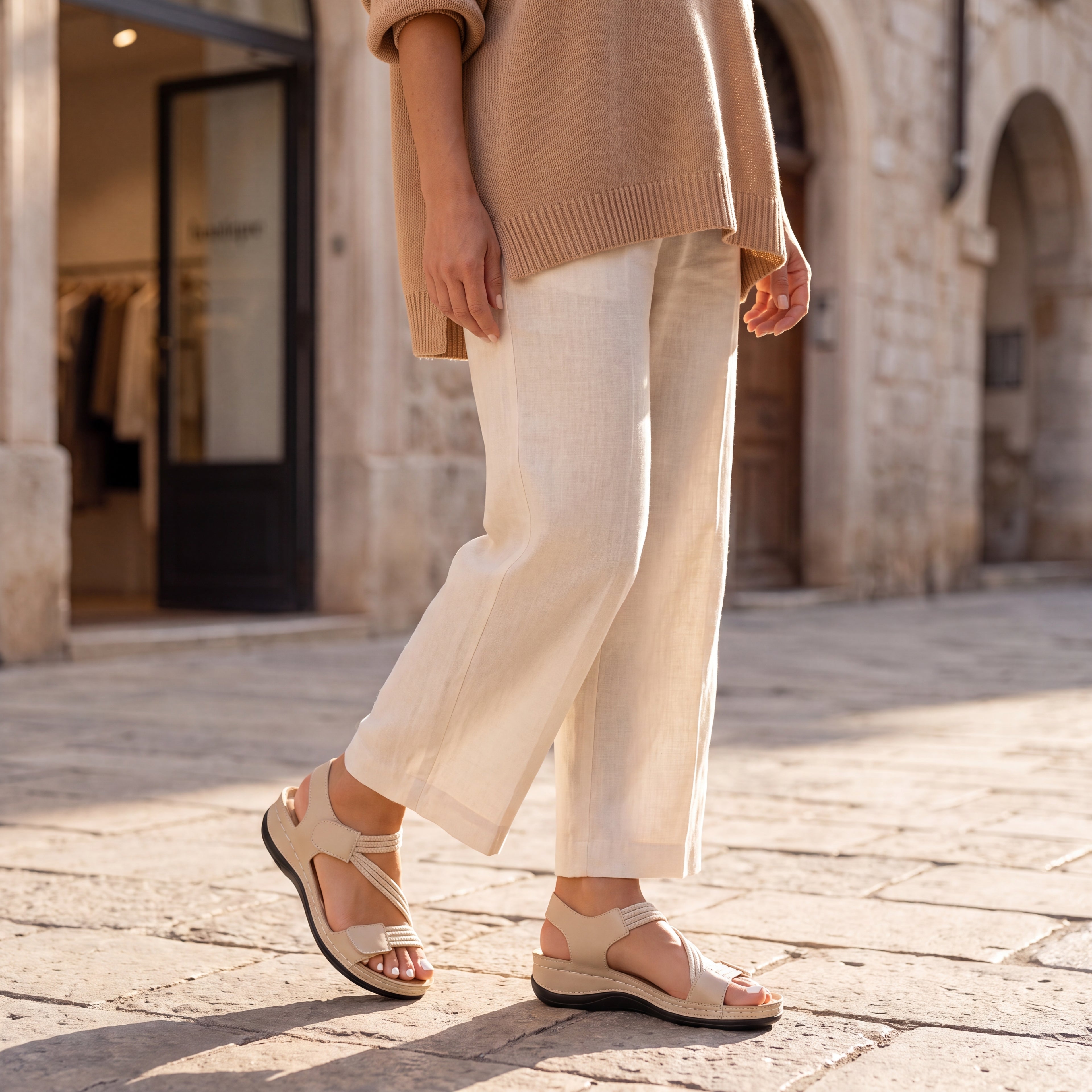 Sandalias casuales beige y marrón con tira cruzada, punta abierta y suela de goma.