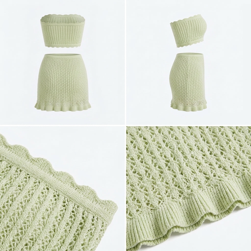 Conjunto de top bandeau y falda corta de punto calado verde