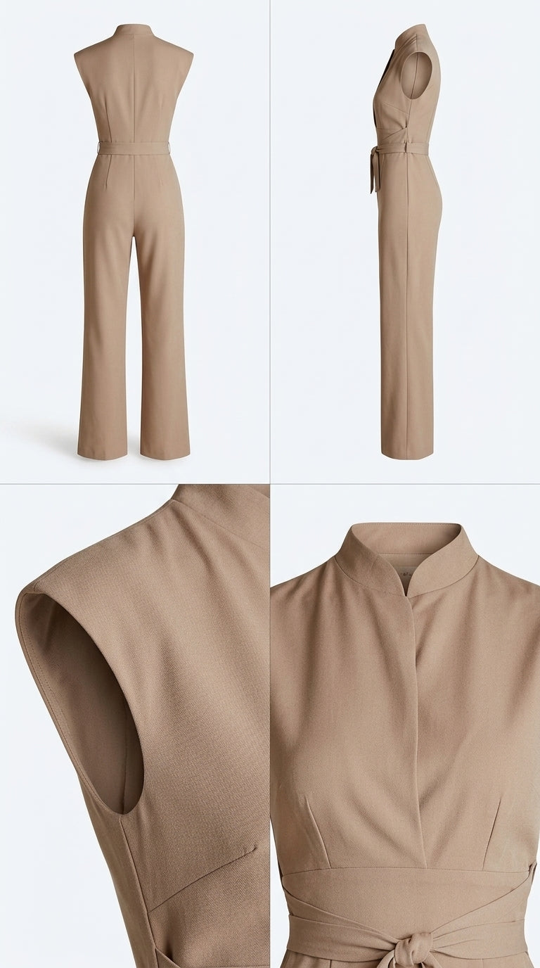 Mono beige sin mangas con lazo frontal, cuello alto y pernera ancha