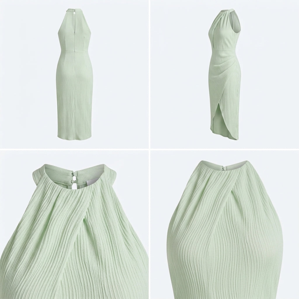 Vestido largo verde claro sin mangas, corte ajustado y abertura lateral en la falda