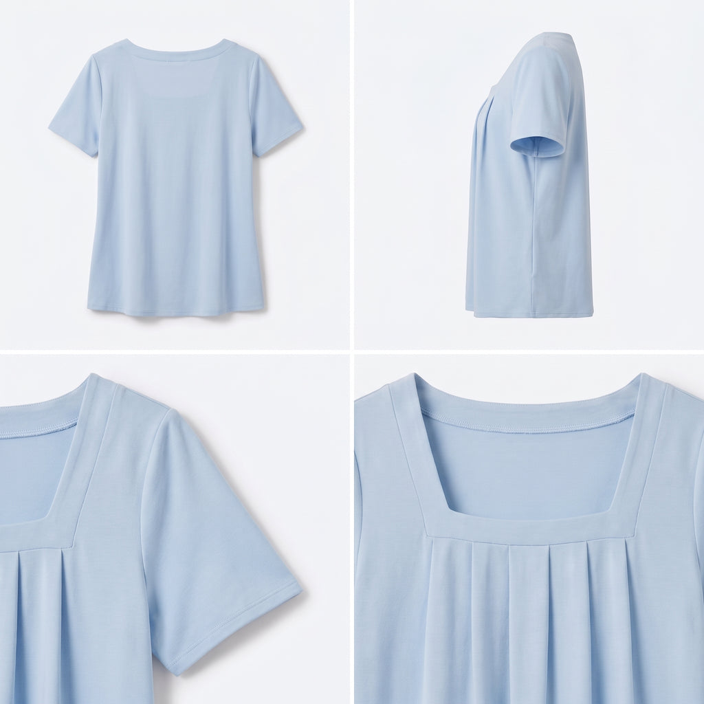 Blusa azul claro con escote cuadrado; vista frontal y espalda con caída suelta