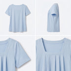 Blusa azul claro con escote cuadrado; vista frontal y espalda con caída suelta