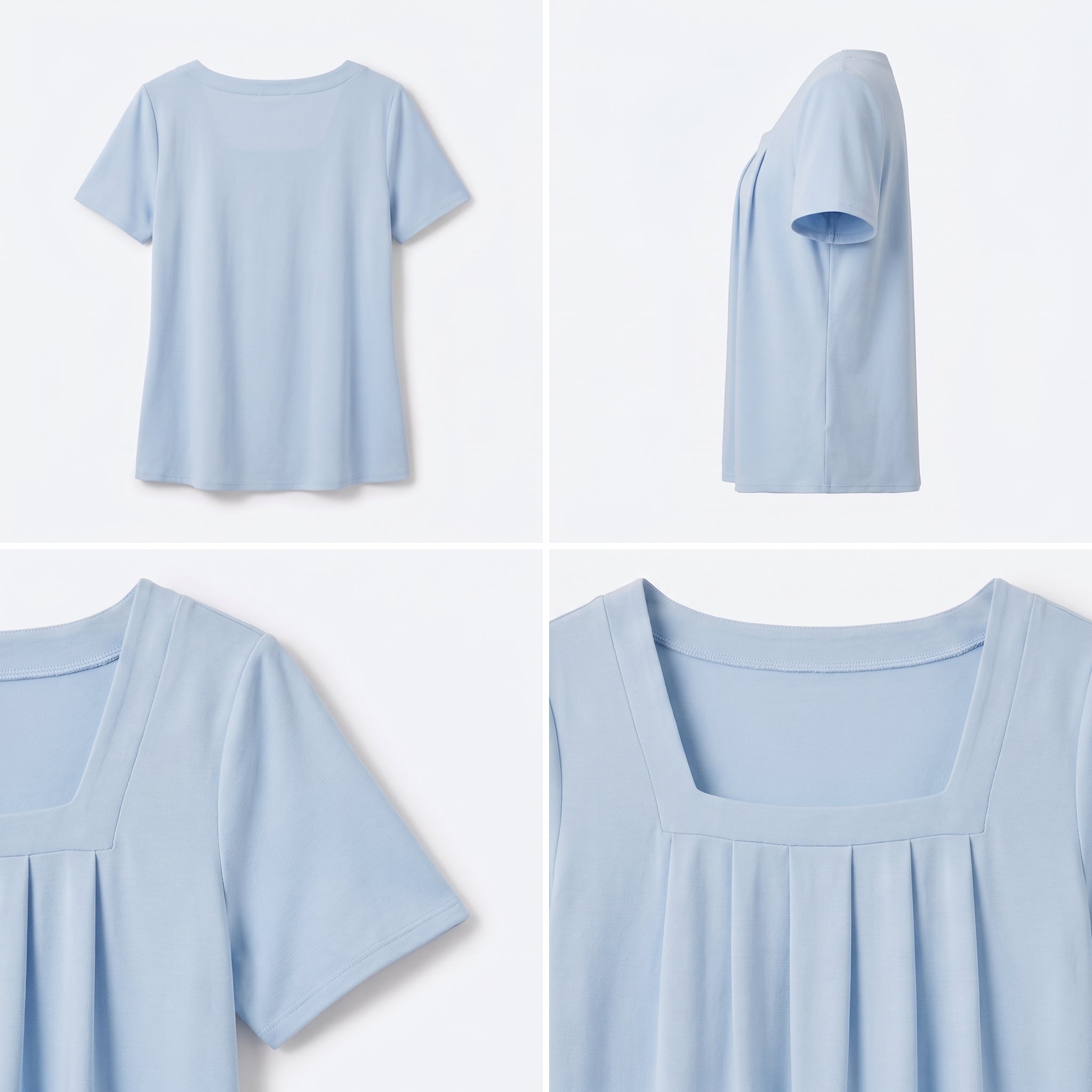 Blusa azul claro con escote cuadrado; vista frontal y espalda con caída suelta