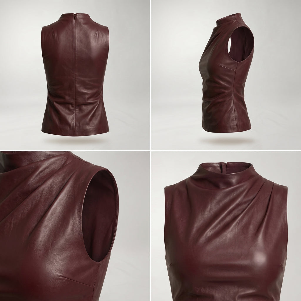 Top sin mangas de cuero marrón; detalle de costura lateral y cuello alto