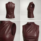 Top sin mangas de cuero marrón; detalle de costura lateral y cuello alto
