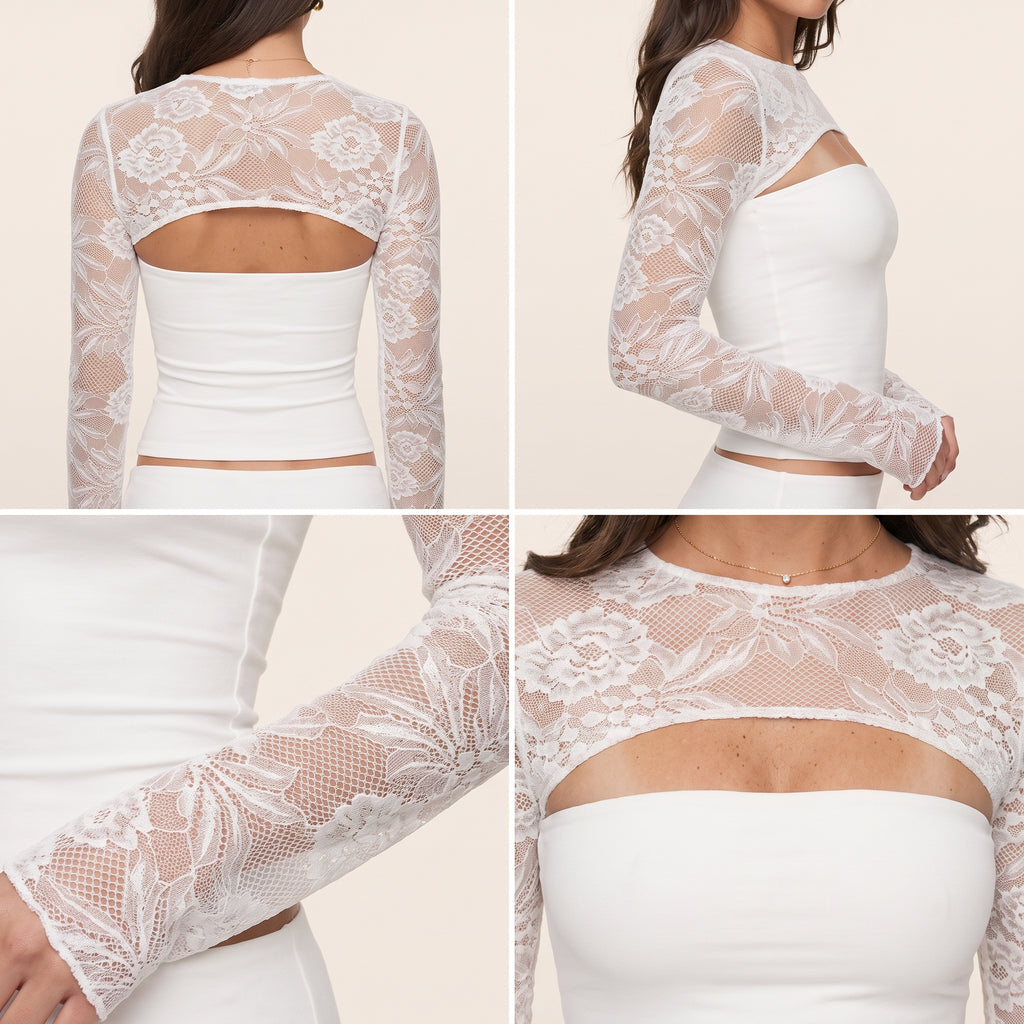 Top blanco de encaje con mangas largas transparentes y espalda descubierta en tiras