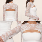 Top blanco de encaje con mangas largas transparentes y espalda descubierta en tiras