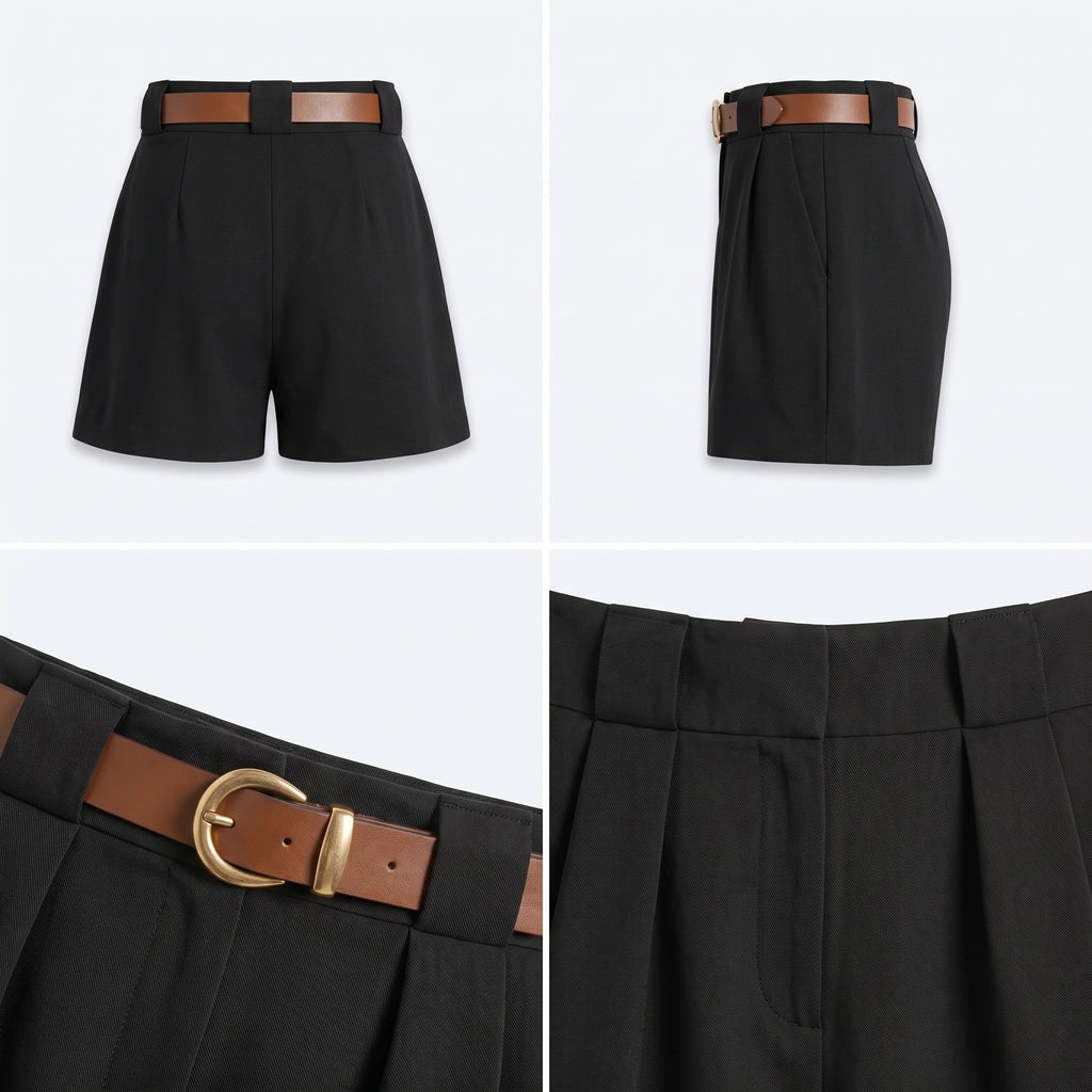 Shorts negros con pinzas y cinturón marrón con hebilla dorada