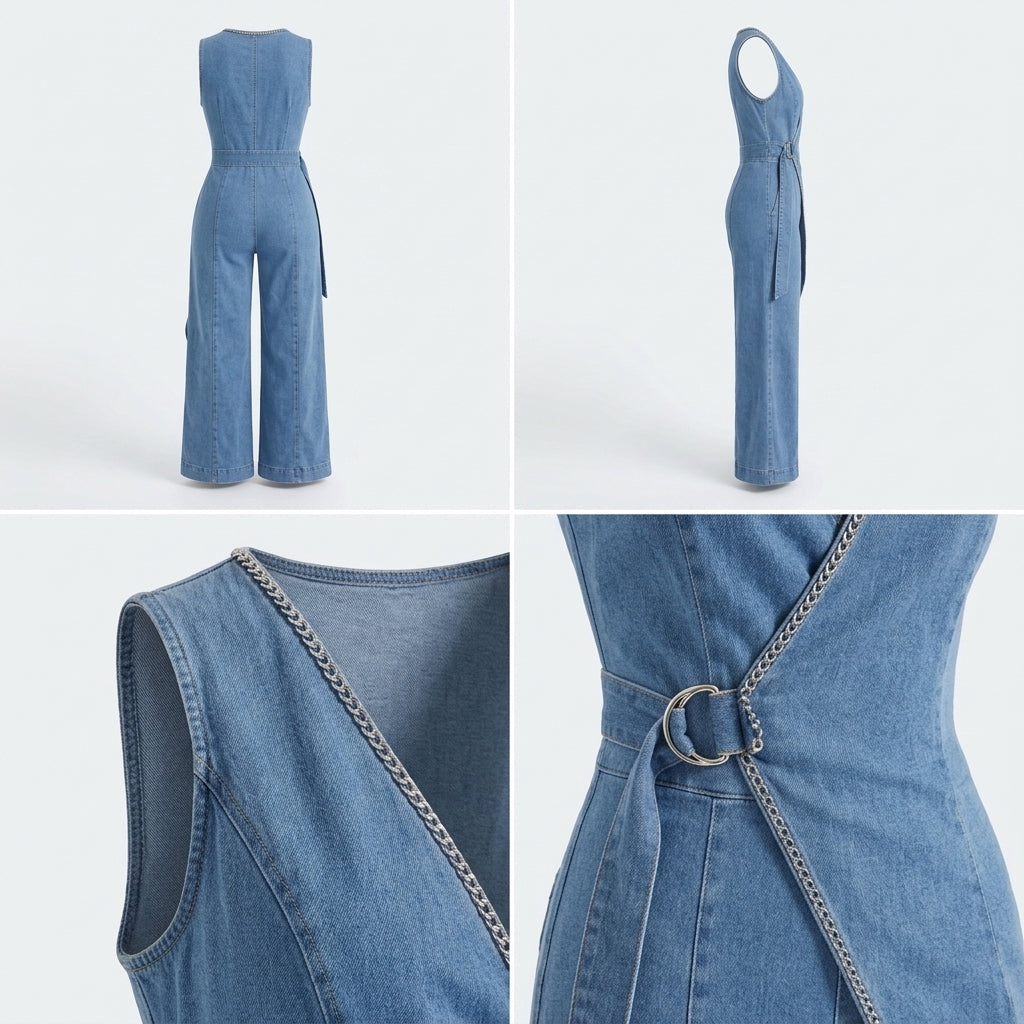 Mono de mezclilla azul sin mangas con escote cruzado y cadena decorativa