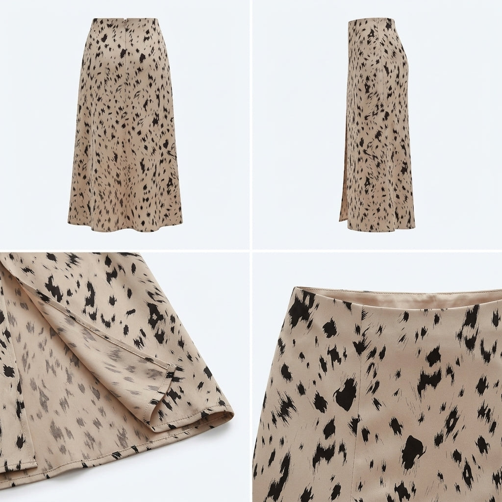 Falda midi animal print beige con manchas negras, vista frontal y lateral