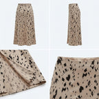 Falda midi animal print beige con manchas negras, vista frontal y lateral