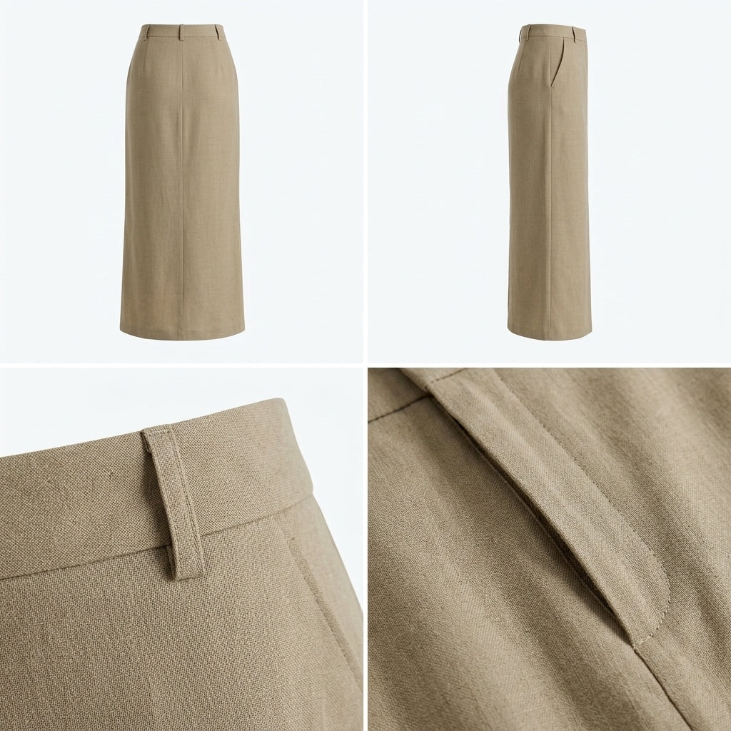 Falda recta beige con cinturilla y bolsillos laterales