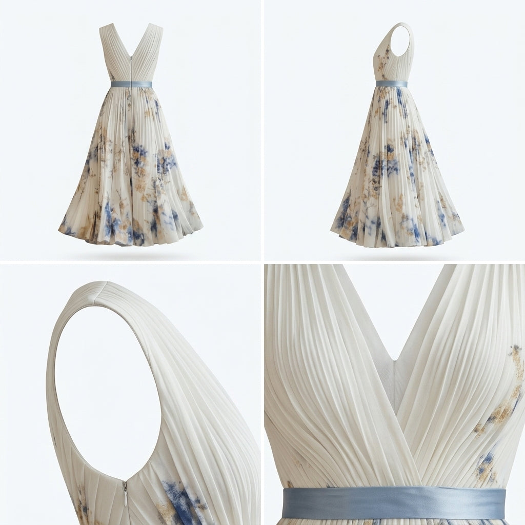Vestido Soleil sin mangas con escote cruzado y falda plisada estampada azul sobre fondo claro