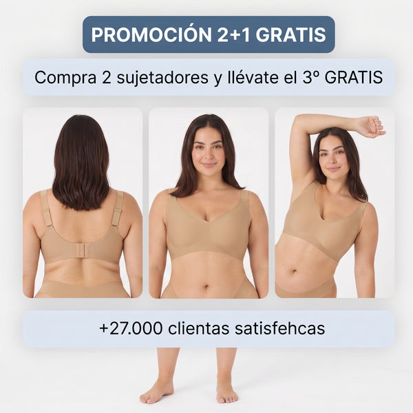 Sujetador sin aros beige con tirantes ajustables y escote en U, vista frontal.