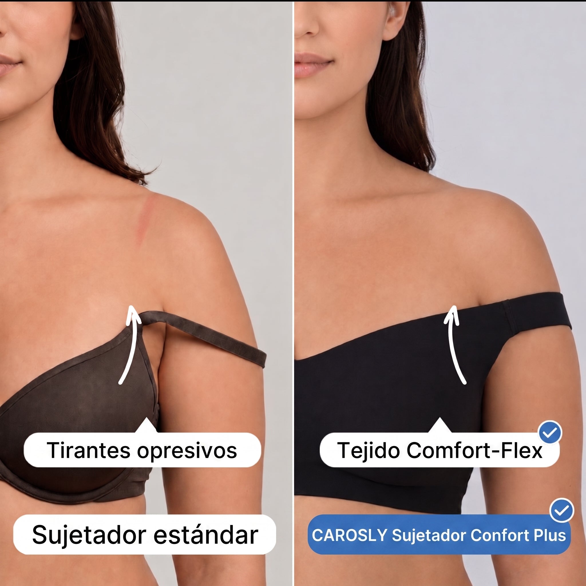 Sujetador sin aros negro con tirantes ajustables y escote en U, vista lateral.