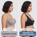 Sujetador negro sin costuras, visto de lado con tirantes ajustados