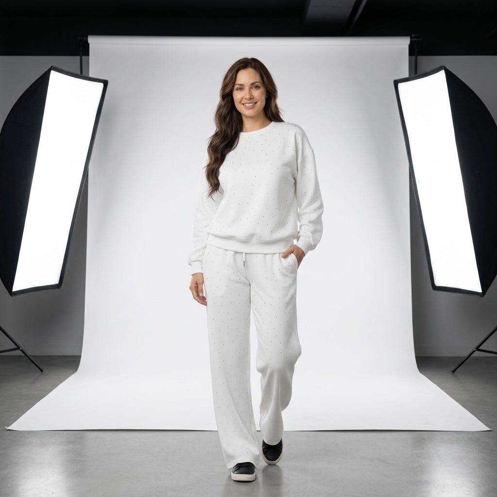 Conjunto de punto blanco con lunares brillantes: jersey de manga larga y pantalón ancho