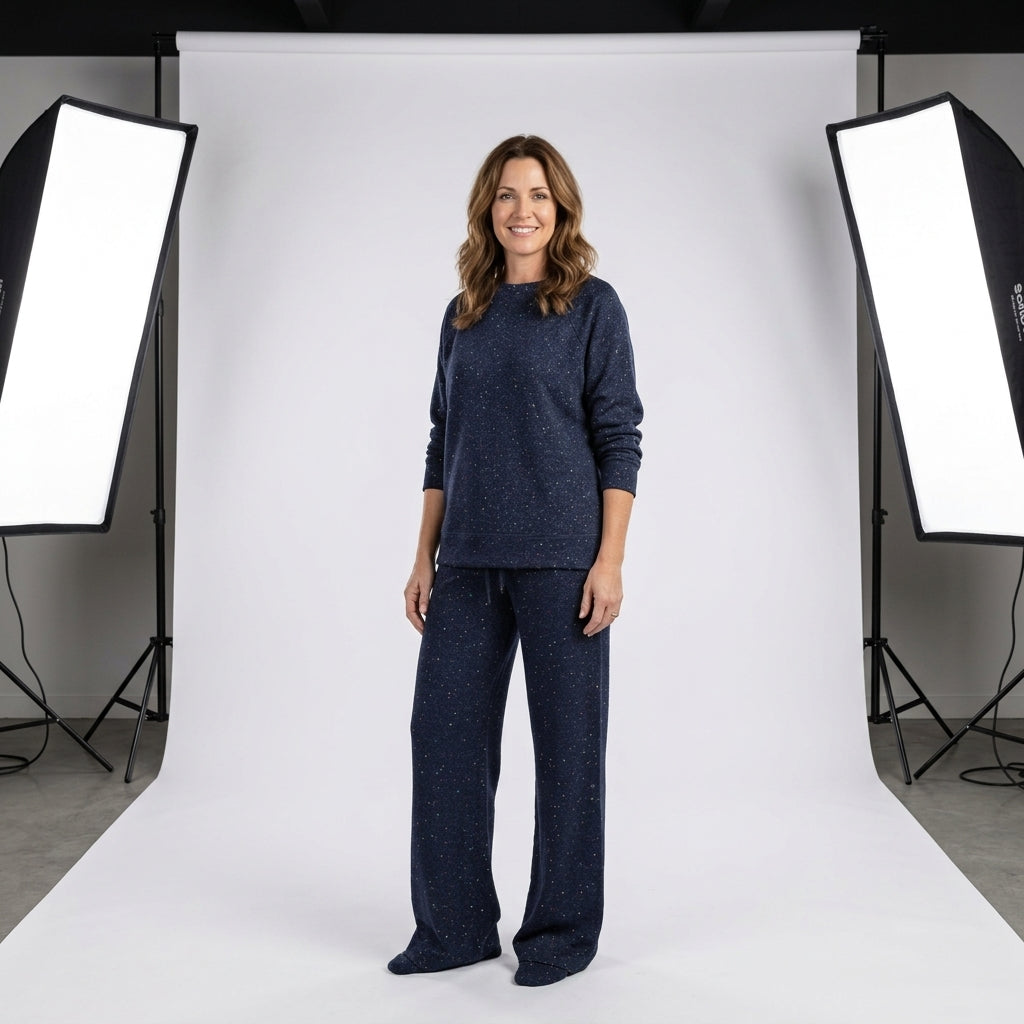 Conjunto de punto azul marino con lunares brillantes: jersey y pantalón ancho con cordón