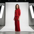 Conjunto de punto rojo brillante: jersey de manga larga y pantalón ancho con cordón