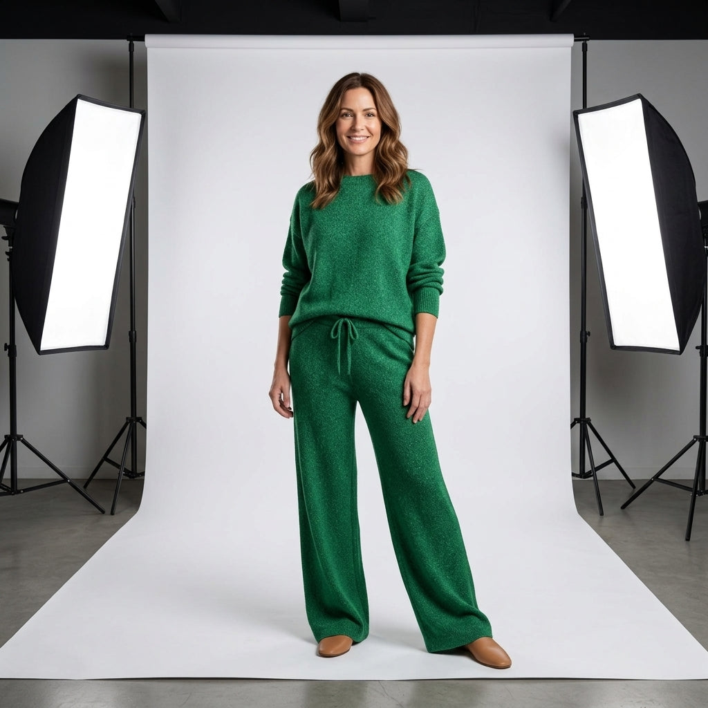 Conjunto de punto verde: jersey de manga larga y pantalón ancho con cordón