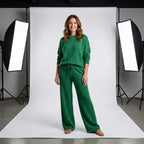 Conjunto de punto verde: jersey de manga larga y pantalón ancho con cordón