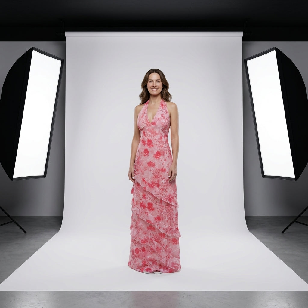 Vestido largo sin mangas, rosa con estampado floral y capas superpuestas