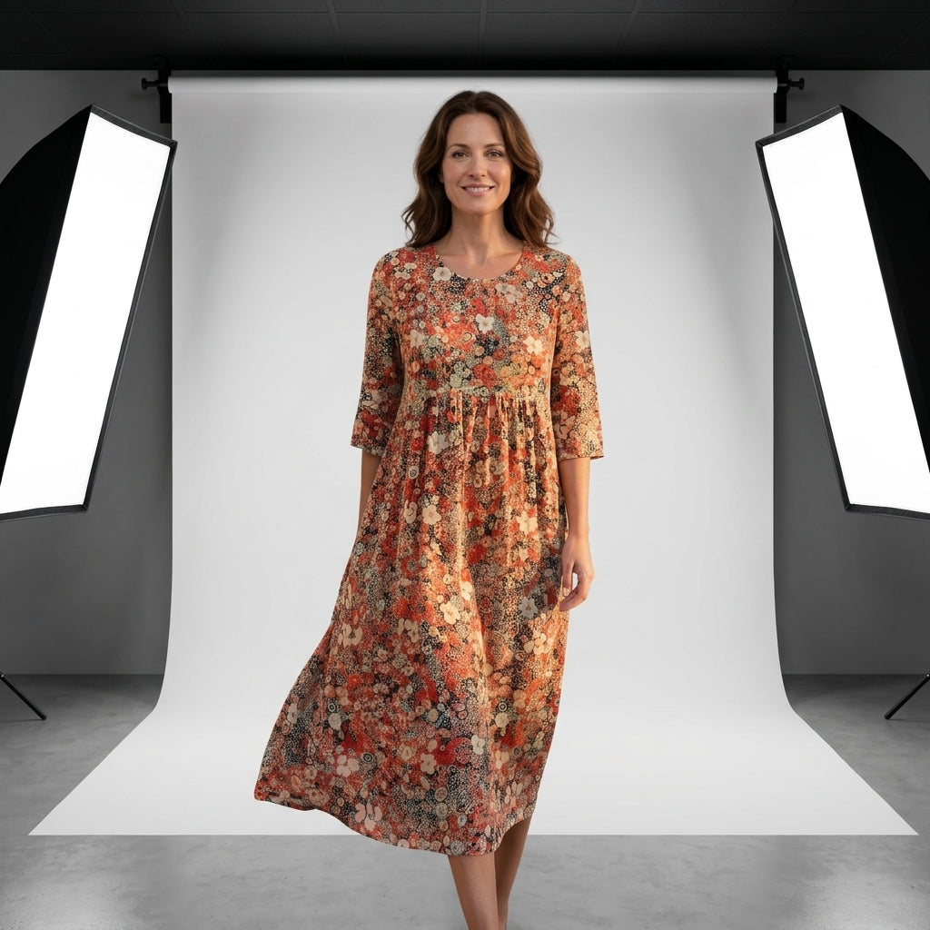 Vestido Amalfi midi estampado floral de manga tres cuartos con falda amplia.