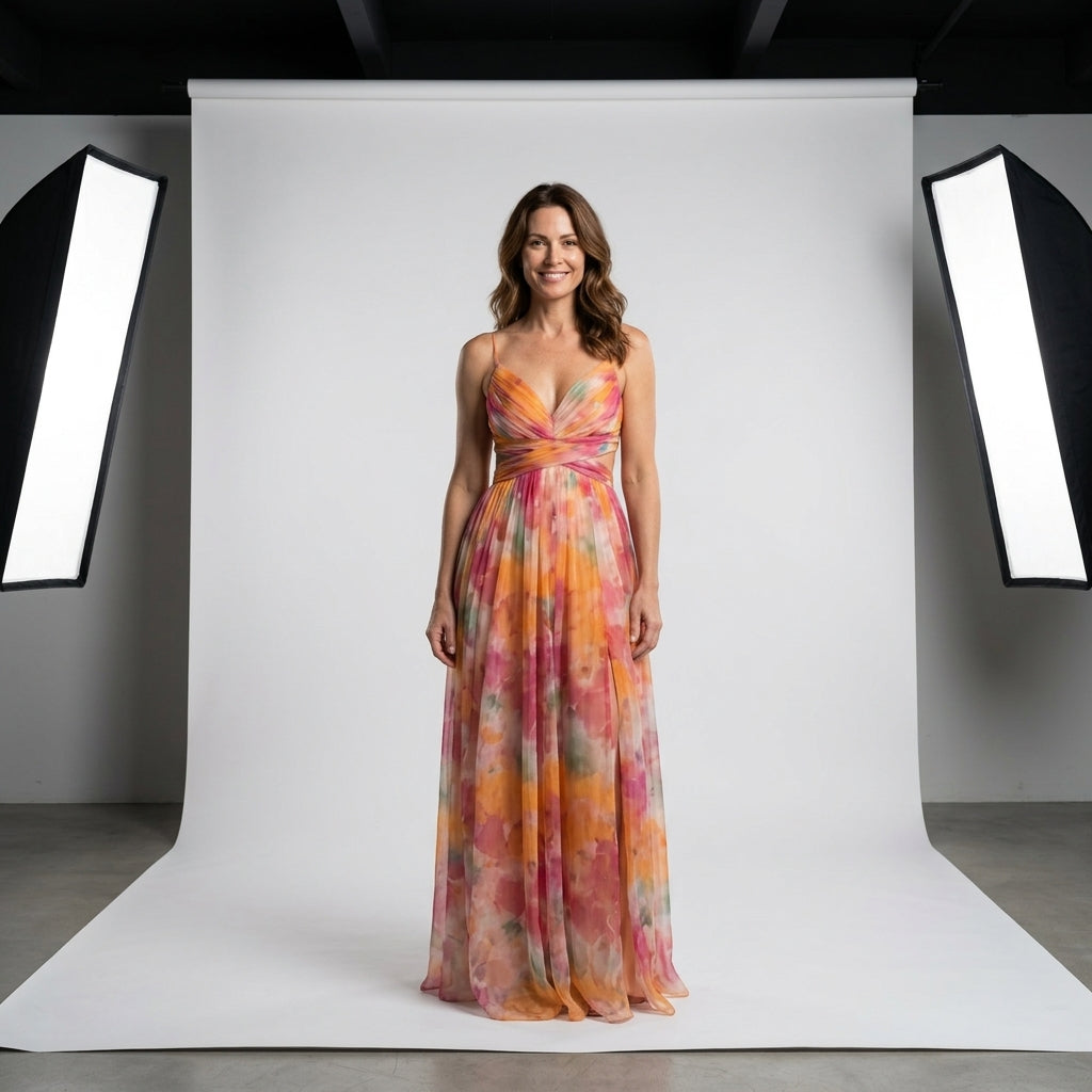 Vestido Belle Époque naranja multicolor con escote cruzado y falda plisada larga
