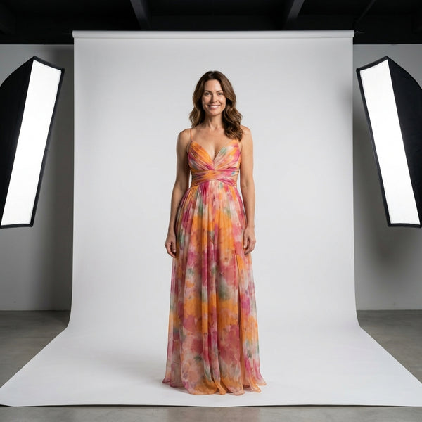 Vestido Belle Époque naranja multicolor con escote cruzado y falda plisada larga